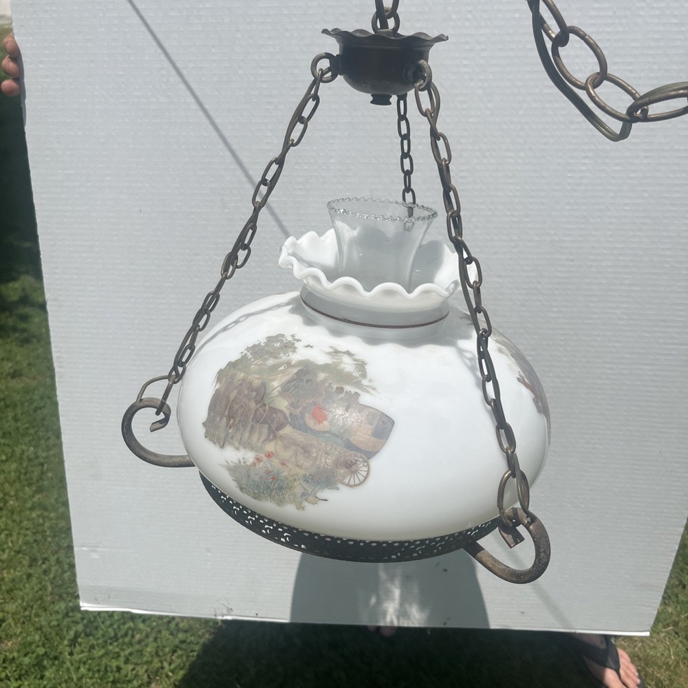 Vtg Aladdin Electric Milk Glass Library Hanging Lamp Chandelier 10" Stagecoach - Picture 7 of 16